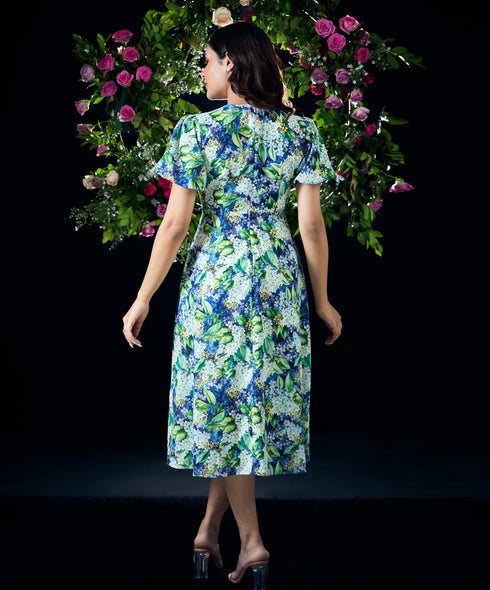 Puffed Sleeves Bold Printed Chiffon Dress
